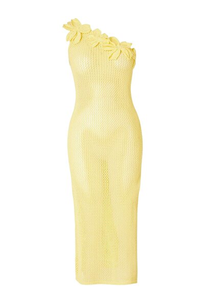 Συλλογή Trendyol Κίτρινο Πλεκτό Φόρεμα Παραλίας με Έναν Ώμο και Απλικέ Λουλού...