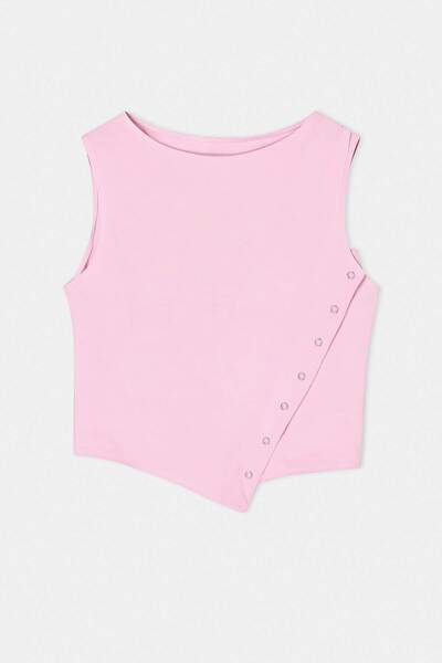 Συλλογή Trendyol Ροζ εφαρμοστή πλεκτή μπλούζα με λαιμόκοψη καγιάκ, αμάνικη, Β...