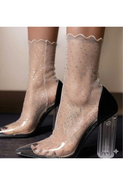 DİLARRA Boutique Gümüş Simli Bej Tül Çorap