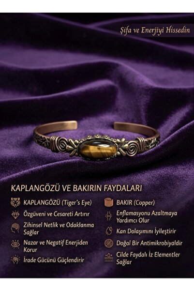 Meneva Aksesuar Doğal Kaplangözü Taşlı Antik Bakır Kelepçe Bileklik