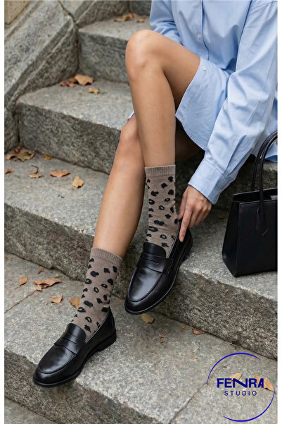 FENRA STUDIO Γυναικείες κάλτσες πετσετέ με σχέδιο λεοπάρ, καφέ βαμβακερές, μα...