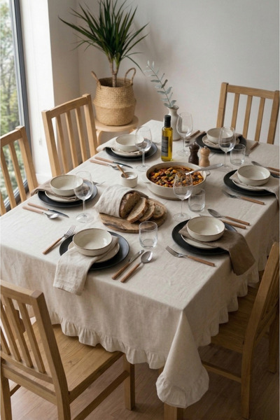 Soft Kare مفرش طاولة من الكتان مزين بكشكشة، مفرش طاولة مزخرف أنيق، مفرش طاولة...