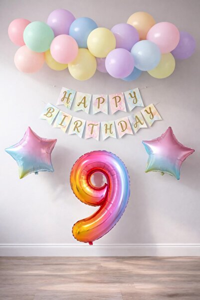 Patladı Gitti Σετ γιορτής γενεθλίων Rainbow Concept για 9 ετών. Φύλλο αλουμιν...