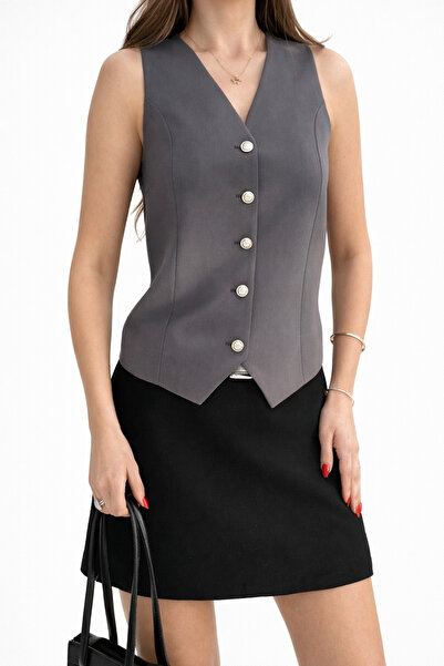 İLKCET MODA سترة نسائية من قماش أطلس باللون الرمادي مع أزرار فضية