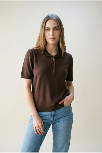 Shophia Γυναικείο πλεκτό μπλουζάκι με κοντό μανίκι με λαιμόκοψη πόλο