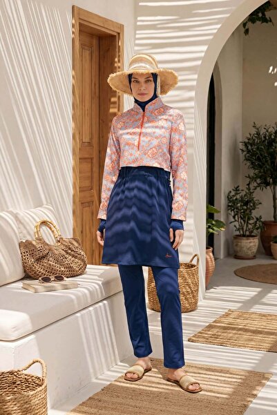 Haşema Esila Blue Red Floral Patterned 5 Piece Full Hijab Swimsuit Set 2934