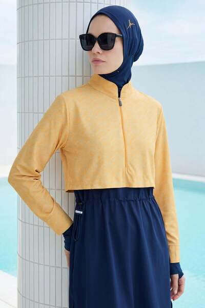 Haşema Esila Yellow Wave Patterned 5 Piece Full Hijab Swimsuit Set 2934