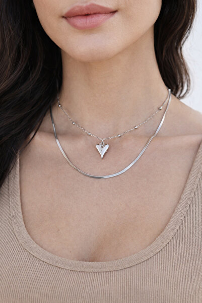 Double Chain Heart Necklace Set Silver - Elegant Women's Jewelry with Layers