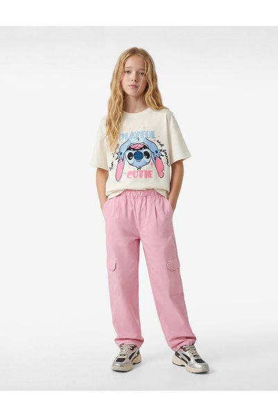 Koton Αδειοδοτημένο T-Shirt για κορίτσια Stitch με τύπωμα Ecru 6SKG10180AK