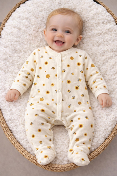 Nayinom Unisex Arı Desenli Ribanalı Patikli Bebek Tulum
