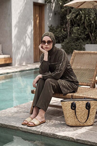 Haşema Krem Biyeli Haki 6 Parça Tam Tesettür Mayo Takımı 5013