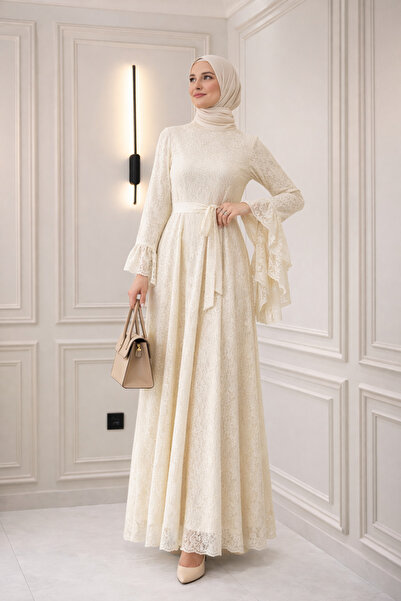 bellura Çiçek Desenli Dantelli Kolu Volanlı Kemerli Astarlı Elbise