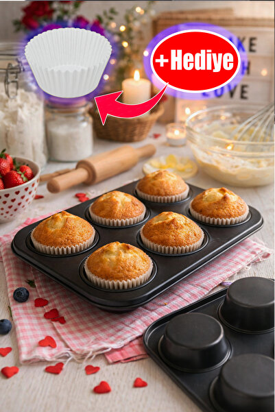 Neskuk Large Size Muffin Mold 6-Piece Non-Stick Cupcake Cake Mold Black Bakin...