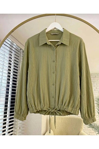 Kadın Çilek Kumaş Dokuma Beli Bağcıklı Uzun Kollu Oversize Gömlek