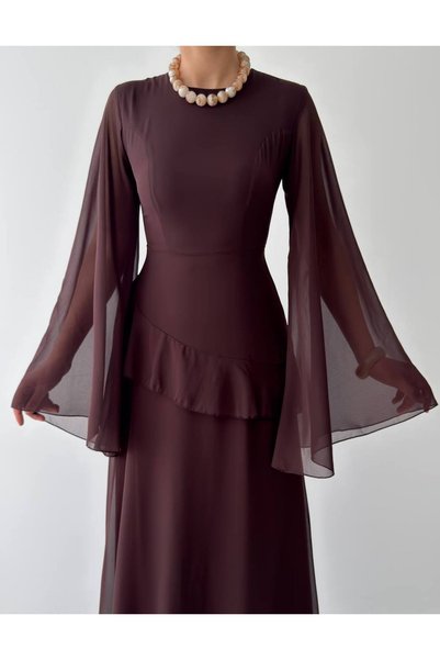 Miss Beyoğlu Women's Ruffled Long Sleeve Tulle Long Dress