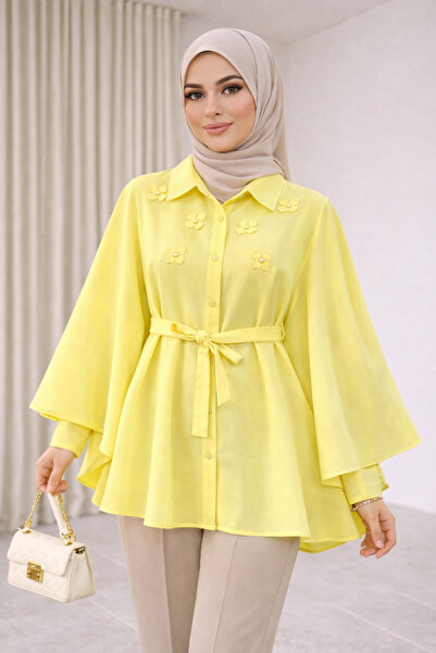 bellura Çiçek Detaylı Beli Bağcıklı Düğmeli Panço