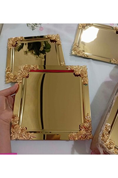 Elzemm store PASLANMAZ ÇELİK GOLD KARE 3 ADET DÖRT KENAR GÜLLÜ SUNUM TEPSİSİ