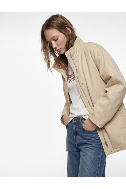 Koton Cotton Stand Collar Long Sleeve Zippered Trench Coat