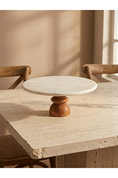 FARALYAHOME Doğal Beyaz Mermer Ahşap Chintika Ayaklı 25 CM Kek Standı Pasta S...