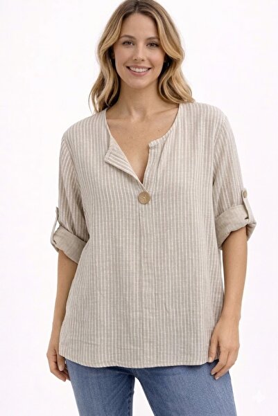 AYASOFYA OTANTIK Γυναικείο ιταλικό μπεζ ριγέ μανίκι 3/4 Oversize Loose 100% β...