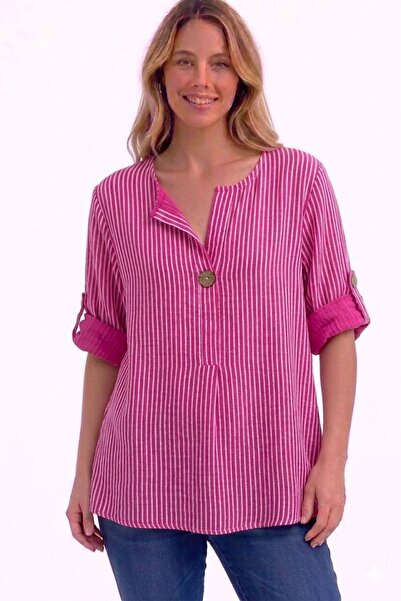 AYASOFYA OTANTIK Γυναικεία Ιταλική Φούξια Ριγέ 3/4 μανίκια Χαλαρή 100% Βαμβάκ...