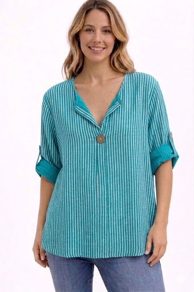 AYASOFYA OTANTIK Women's Italian Petrol Striped 3/4 Sleeve Loose 100% Cotton ...