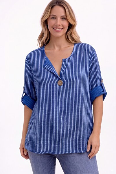 AYASOFYA OTANTIK Γυναικείο ιταλικό Saks μπλε ριγέ μανίκι 3/4 Oversize Casual ...