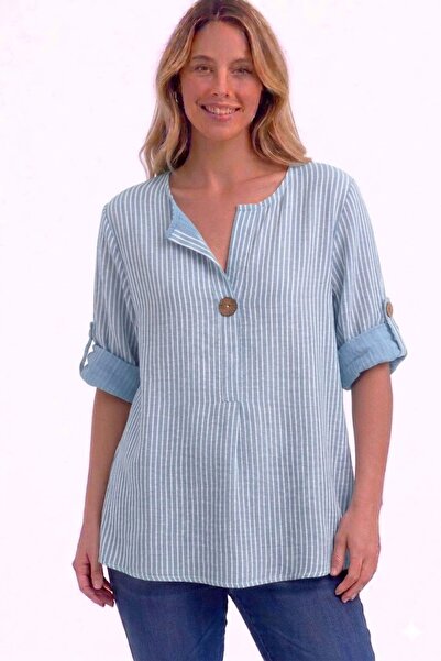 AYASOFYA OTANTIK Γυναικείο ιταλικό ανοιχτό μπλε Ριγέ 3/4 μανίκια φαρδιά 100% ...