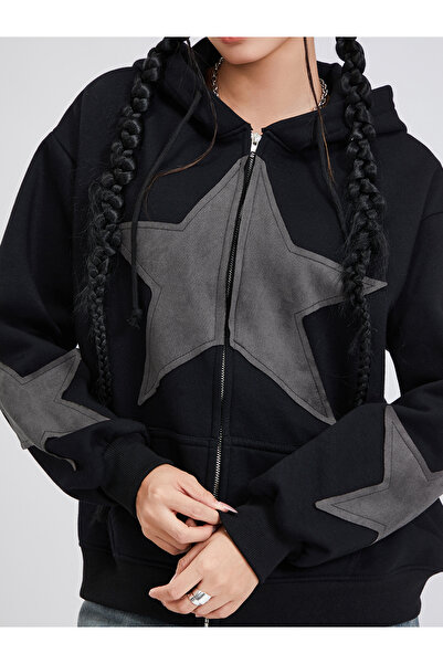 EDVESS Kapşonlu Ceket Y2k Fermuarlı Yıldız Baskı Uzun Kollu Estetik Ceket Har...