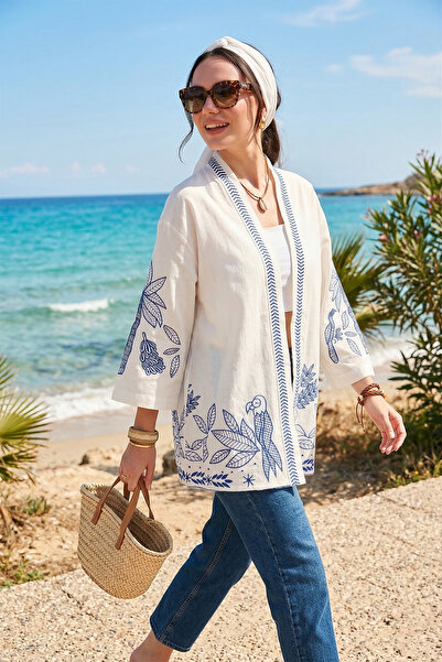 Lela Nakış İşlemeli Pamuklu Oversize Fit Truvakar Kol Kimono KİMONO 676302