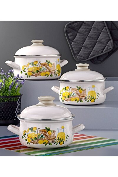 Bonera Emaye 6 Parça Krem Set Emaye Kapaklı İndüksiyon Ocak Uyumlu - Limon De...