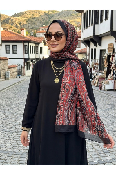 Nazellaa شال ناعم باللونين الأسود والأحمر بنقوش عرقية
