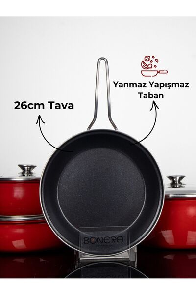 Bonera Lilium Titanium 7 Piece Pot and Pan Set Red - Glass Coating - Enamel Exterior Coating