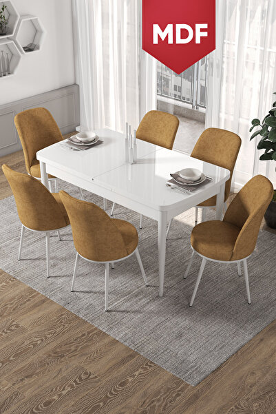 Canisa Concept Kor Serisi, 70x114 Açılabilir MDF Beyaz Yemek Masası Takımı,6 ...