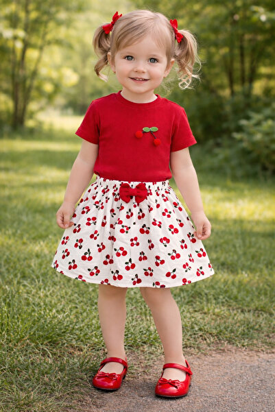 ygz junior kirazlı ribana esnek body müslin etek kız çocuk ikili yazlık takım