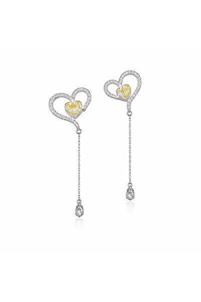 Pursehuit Silver Colour earrings, long, heart-shaped, with zirconia stones, A...