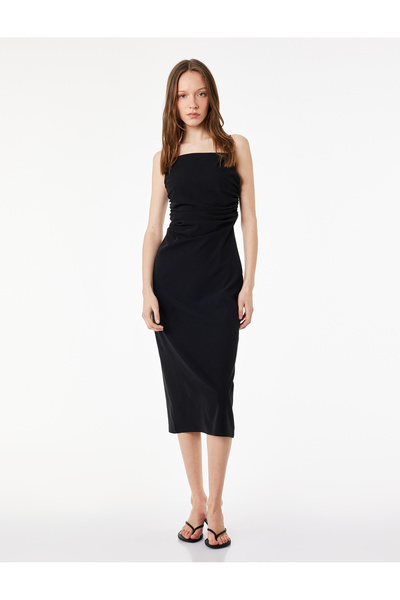 Koton Φόρεμα με στενή εφαρμογή, τετράγωνο λαιμόκοψη, λουράκια και μίντι ντραπ...