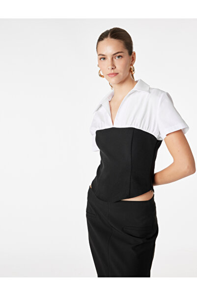 Koton Cotton Slim Fit Color Contrast Short Sleeve Shirt with Corset Detail