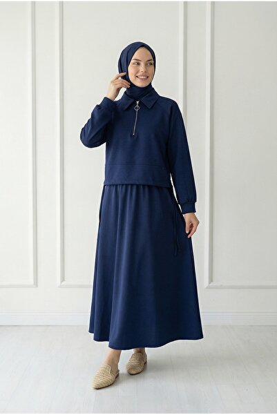 BENAHOLL Capina Half-Zip Suit with Side Tightening Skirt-As085 Navy Blue