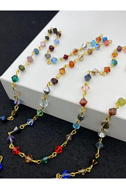 Hedef Bijuteri 4mm Karışık Renkli Kristal Taşlı Sarı Kaplama Gold Zincir, Göz...
