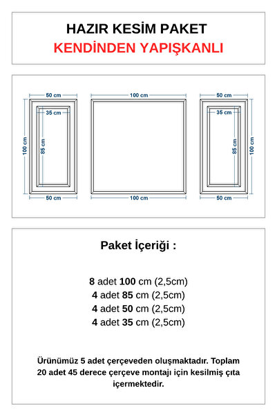 DİECOR Dekoratif Boyanabilir Kendinden Yapışkanlı 2,5 Cm Duvar Çıtası Hazır Kesimli 5 Adet Çerçeve Paketi