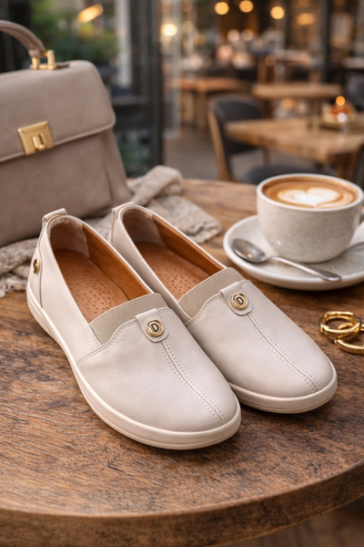 AYAKCİTY Women's 100% Genuine Leather Orthopedic Sole Very Light Ballerina Shoes