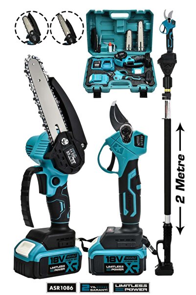 ASSUR Profesyonel 2'li Set 18V Çift Akülü Teleskopik Kollu Bağ Makası ve Buda...