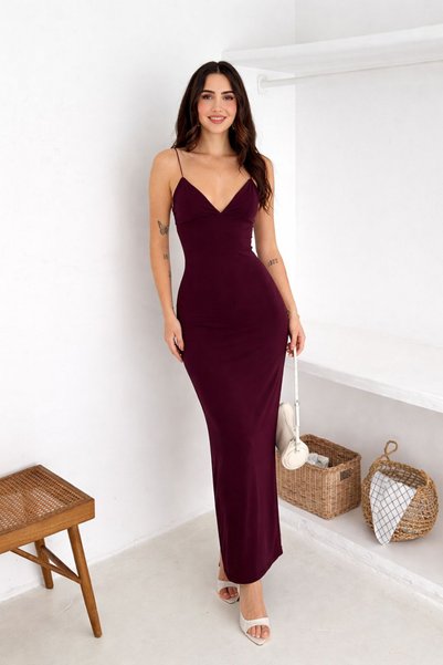 mielva Women's Plum Rope Strap V-Neck Maxi Length Dress