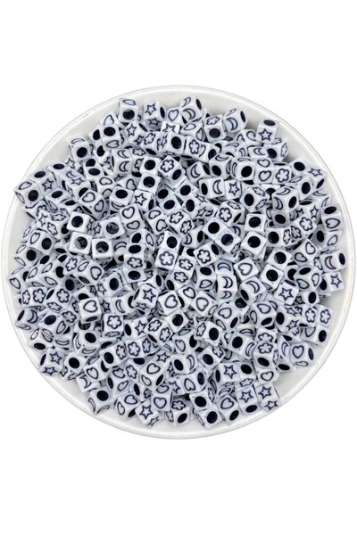 Hedef Bijuteri 25gr 6mm Simbol cub, mărgele albe și negre, stea, lună, inimă,...