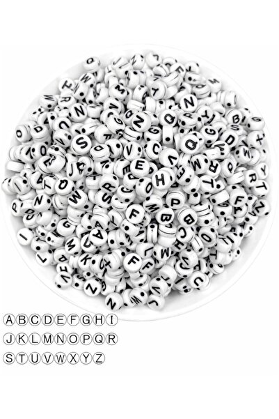 Hedef Bijuteri 50Gr Harf Boncuk,4x7mm Basık Yassı Beyaz Üzeri Siyah Harf Bonc...