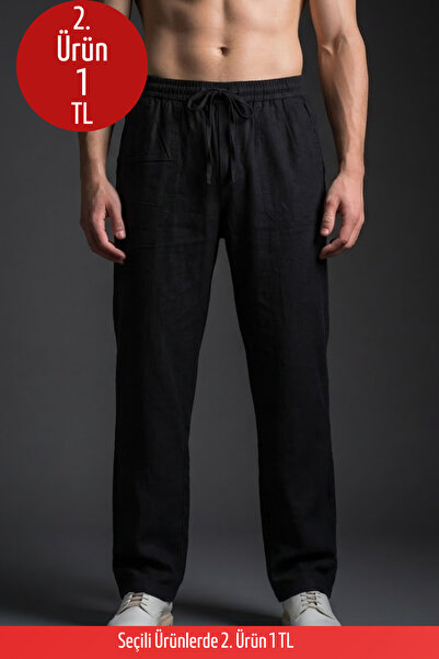 COMBİNE MİCHAİL بنطلون رجالي فضفاض قصة ساق واسعة أسود كتان