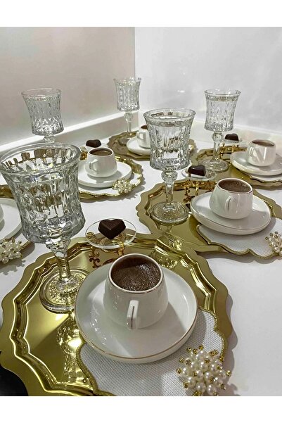 Elzemm store 6 ADET GOLD YUVARLAK DALGALI MODEL SERVİS VE SUNUM TEPSİSİ