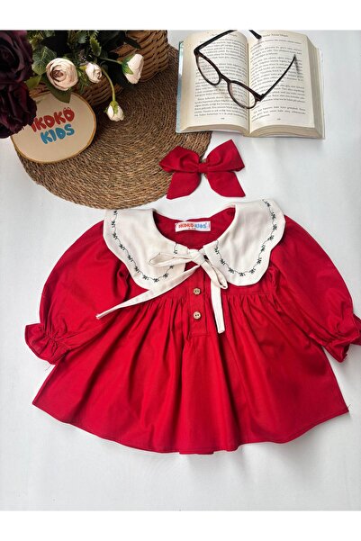 ikokokids Nakış Detay Yakalı Pudra Elbise