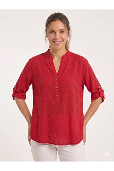 della moor Women's Red Italian Buttoned Judge Collar Folded Short Sleeve Blou...